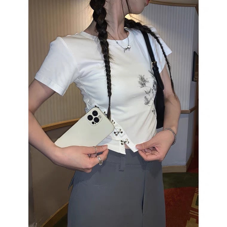 Áo Thun Ngắn Tay Cổ Tròn Xẻ Tà Ôm Dáng Thời Trang Hàn Quốc Cho Nữ