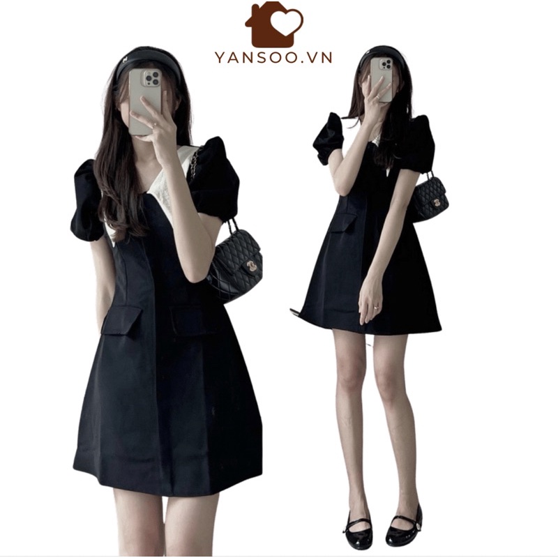 Váy , đầm thiết kế cổ thuỷ thủ trắng tay bồng đen sang chảnh tiểu thư , hàng quảng châu by YANSOO