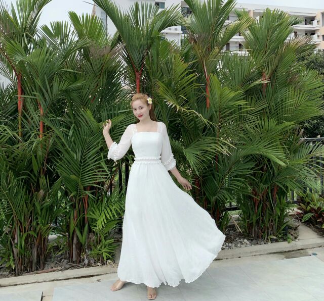 (free chỉnh sửa váy) đầm maxi von trắng tay dài váy xòe, đầm maxi trắng chụp hình cưới, đầm maxi đi tiệc đi biển