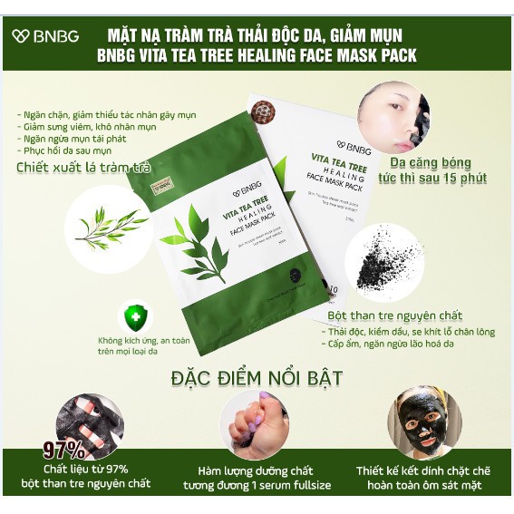 Combo 10 Mặt Nạ Giấy Chiết Xuất Tràm Trà Dành Cho Da Mụn BNBG Vita Tea Tree Healing Facial Mask 30ml x 10
