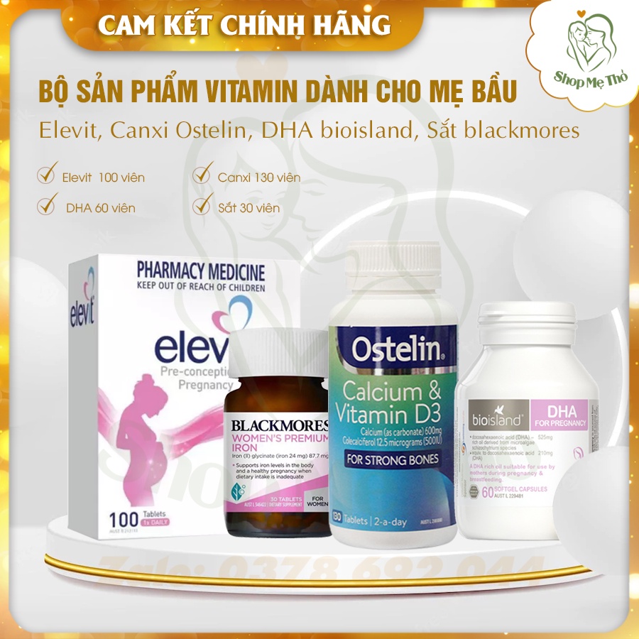 COMBO BẦU ÚC - BỘ VITAMIN ÚC DÀNH CHO BÀ BẦU, Elevit bầu, Canxi Ostelin bầu, DHA bioisland bầu, Sắt blackmores bầu