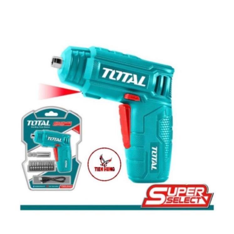 Máy bắn vít cầm tay TOTAL TSDLI0402 kèm 10 mũi vít 25mm, 1 mũi từ, 1 sạc, dụng cụ siết vít mini dùng pin Lithium 4V