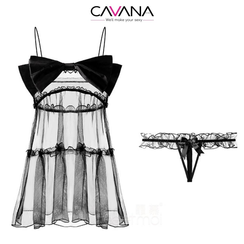 Đồ ngủ nữ, đầm ngủ sexy xuyên thấu gợi cảm voan đính nơ ngực kèm quần xẻ đáy  N31 -CAVANA STORE