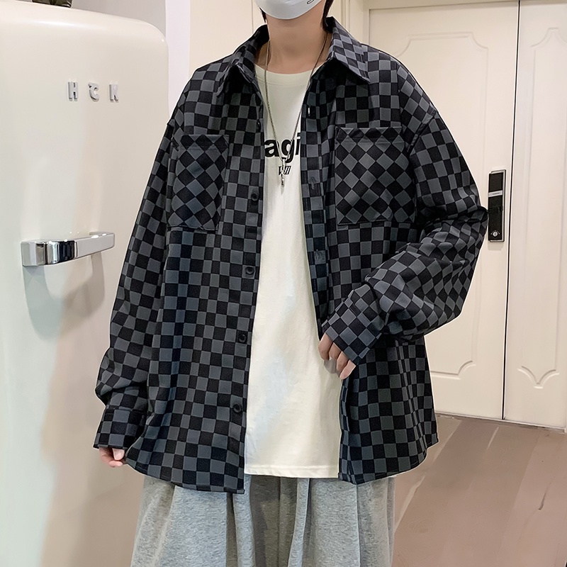 Áo khoác sơ mi tay dài kẻ ô bàn cờ Nhật Bản mới dành cho nam