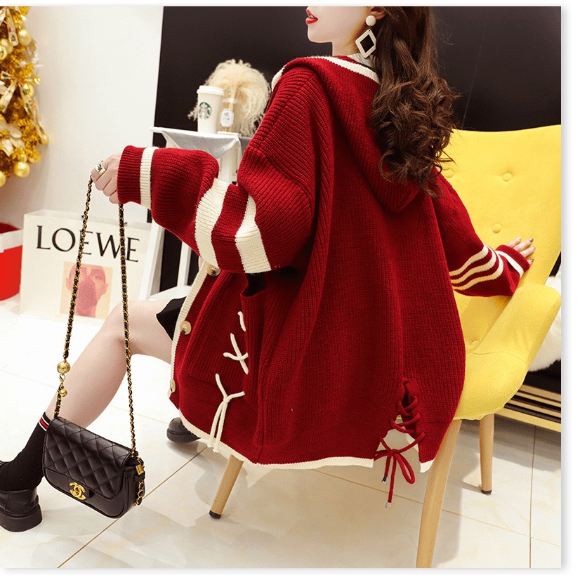 Áo len nữ đẹp, Phong cách lười biếng áo len cardigan phụ nữ thiết kế lỏng lẻo cảm giác áo khoác dệt kim màu đỏ lưới mùa