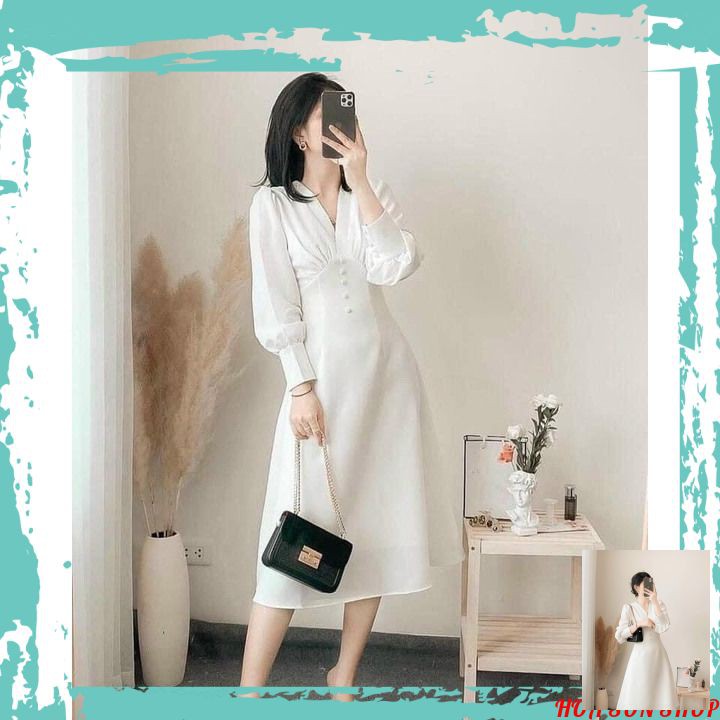 ☘️ VÁY CỔ V PHỐI XỐP CÚC BỌC 🌿 FREESHIP 🍀HÀNG HOT ĐỔ BỘ ! NGÂY NGẤT ĐẮM SAY 🌷