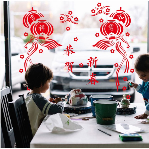 Decal trang trí tết - Lồng đèn cặp dây leo dài đáng yêu