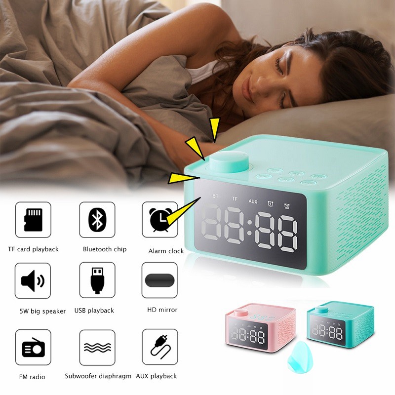 Loa không dây kỹ thuật số kết nối Bluetooth kiêm đài FM tích hợp đồng hồ báo thức và gương trang điểm