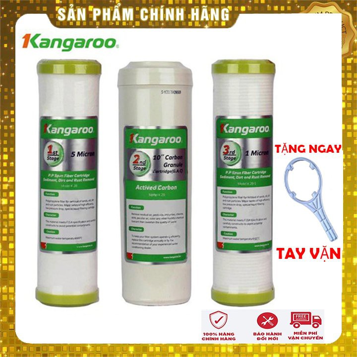 Bộ 3 lõi lọc nước thô  kangaroo chính hãng -1 2 3 kangaroo , tặng tay mở cốc lọc  (cam kết 100% chính hãng )