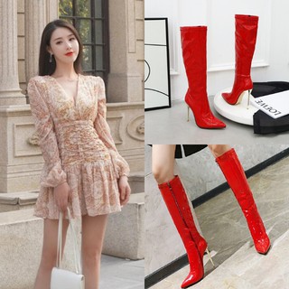 Giày boot gót nhọn cổ lửng da bóng màu đỏ GBCL-01R3