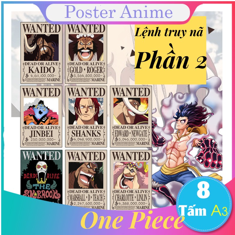 Set 8 tấm tranh poster to A3 lệnh truy nã One Piece anime áp phích siêu chất