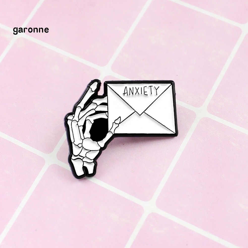 GA_ANXIETY Letter Skeleton Hand Enamel Brooch Pin Men Women Jeans Jacket Jewelry