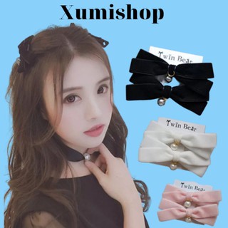 Kẹp Tóc Nơ Nhung Kèm Ngọc Nhân Tạo Xinh Màu Đỏ Hồng Đen Dễ Thương Xumishop