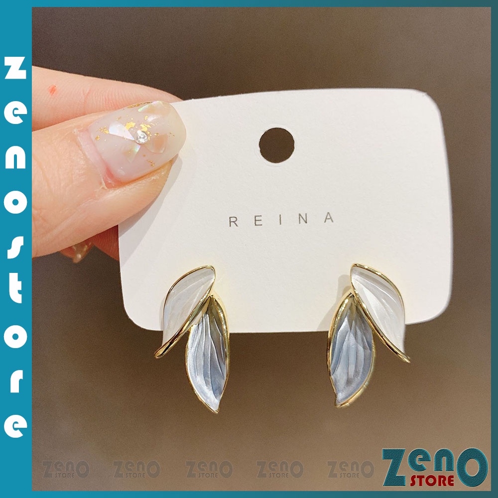 Khuyên tai ZenO KT13 chiếc lá cuối thu màu xanh trắng tương phản cực chất