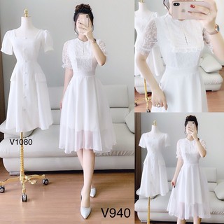 Váy trắng dự tiệc voan tơ cao cấp pha ren dáng xòe V940 Mie Design kèm ảnh thật