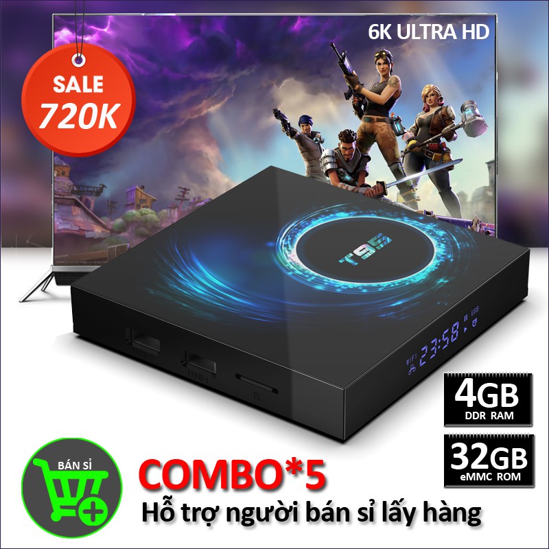 Combo 5 tv box Android 10 RAM 4G 32G ROM bluetooth 5.0 băng tần wifi kép mạnh mẽ bảo hành 12 tháng COMBO5 T95 tv box