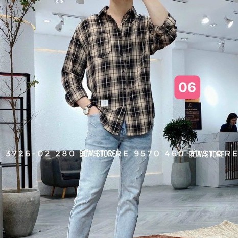 Áo sơ mi nam karo chất liệu cotton đẹp màu xanh kem họa tiết karo kiểu dáng hàn quốc mới HAVADO9 đẹp