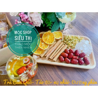 Trà cam quế hoa hồng Mộc Shop gồm cam sấy, hoa hồng, đường phèn giúp giữ ấm, giảm ho, thải độc, chống lão hóa da