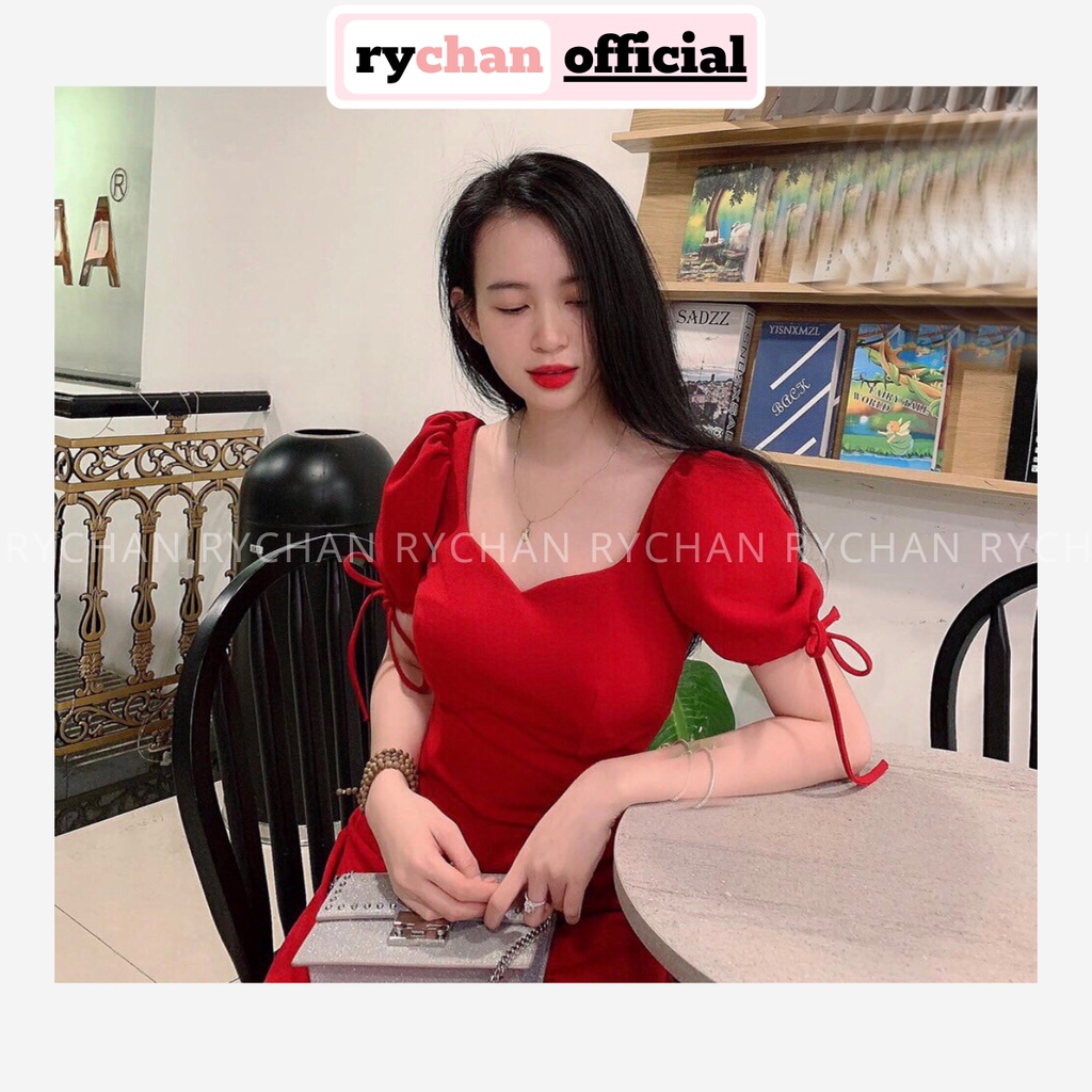 Đầm Xòe Cổ Tim Tay Nơ Hai Màu Đen Đỏ - DX831