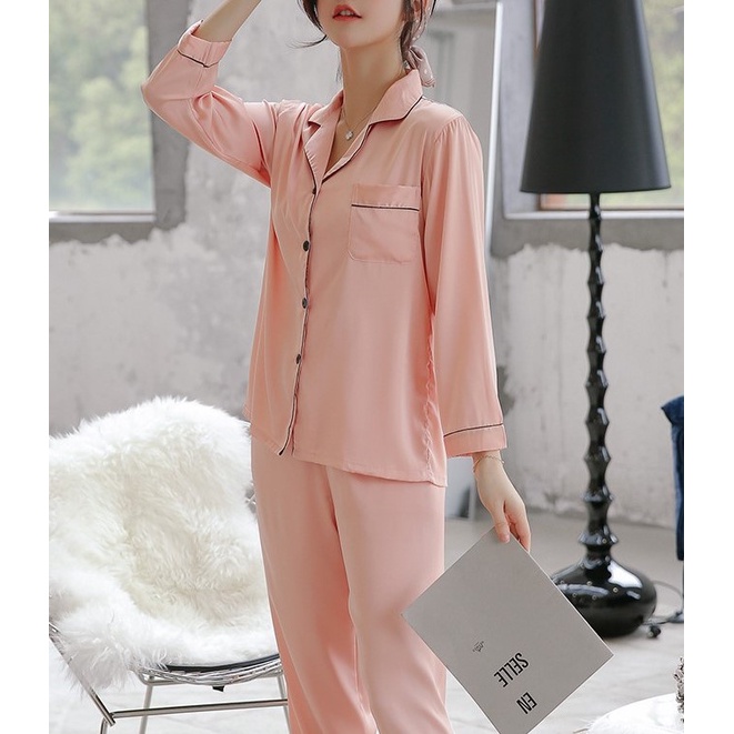 Bộ đồ nữ lụa pijama thu dáng dài quần áo ngủ ullazang xinh bộ ngủ pyjama màu trơn lụa quần dài tay dài nhiều màu
