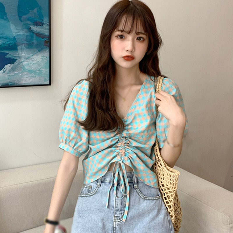 Áo Kiểu Tay Phồng Cổ Chữ V Họa Tiết Sọc Caro Thiết Kế Đơn Giản Thời Trang Dành Cho Nữ