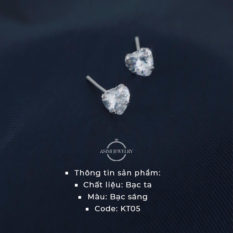Đôi bông tai bạc mặt đá trái tim 6 li Asimi, bông tai nụ đá trái tim bạc ta nguyên chất sang trọng Heart Earrings KT05
