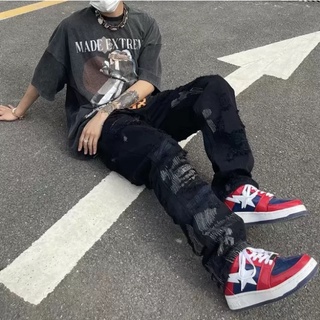 Quần Jeans Rách ống rộng cao cấp phong cách Streetwear, Quần Denim ống suông oversize cực chất