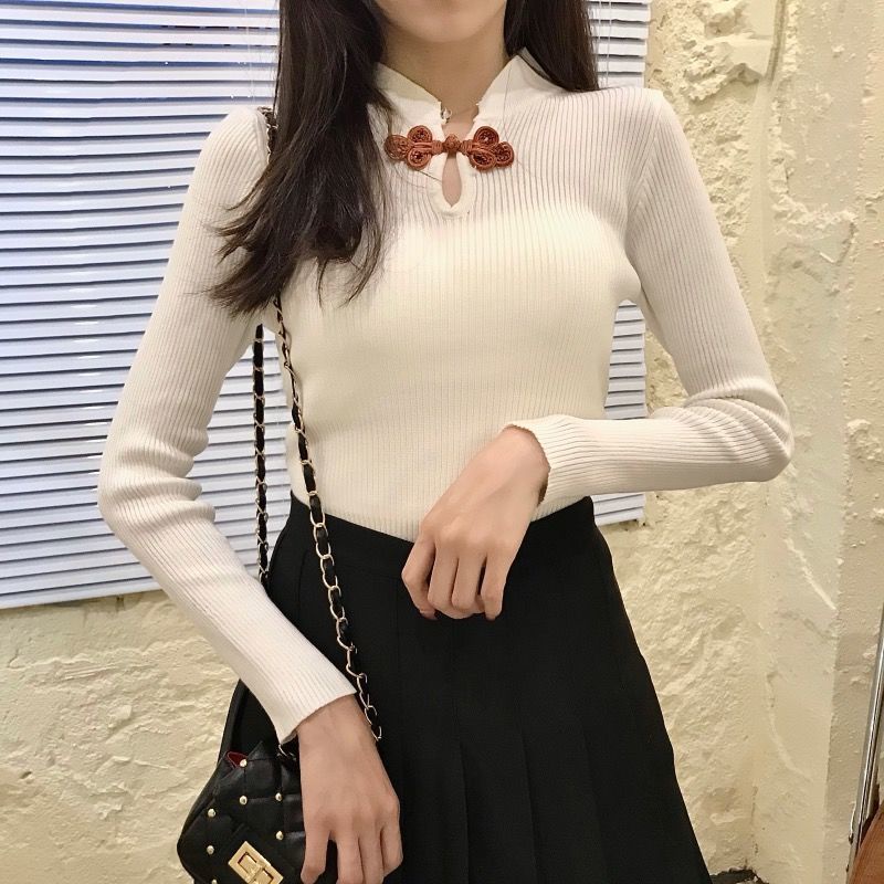 Áo len mỏng dài tay dáng ôm phong cách retro thiết kế mới 2 màu