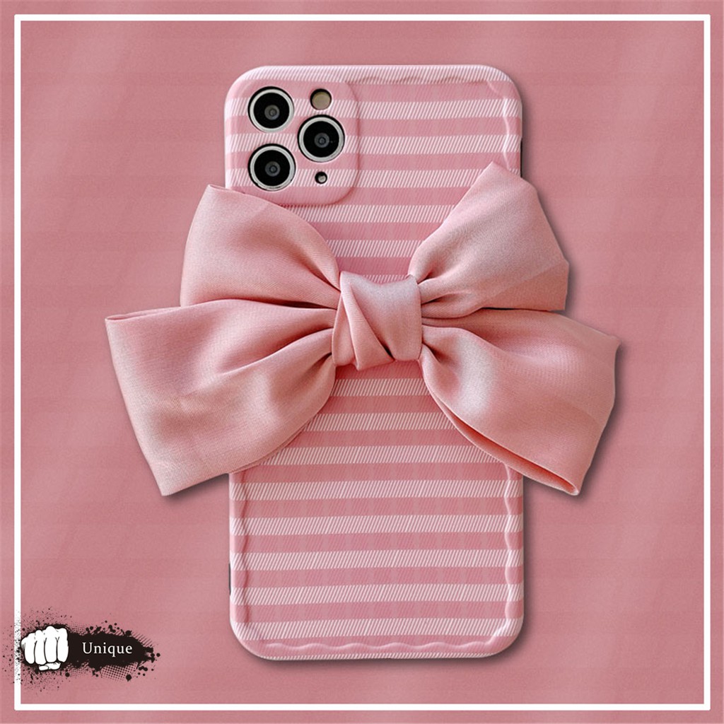 Ốp Điện Thoại Lụa Màu Hồng Đính Nơ Xinh Xắn Phong Cách Nhật Bản Cho 12 / 11pro / Max Apple X / Xs / Xr / Mini Mobile