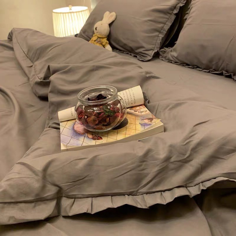 Set Chăn Ga Cotton TC Viền Bèo Xám Ghi Mềm Mát Hàng Chuẩn Xuất Nhất (Shinbedding.shop)