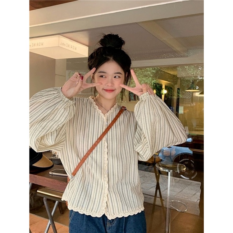 Áo Sơ Mi Tay Dài Dáng Rộng Cổ Chữ V Phối Ren Thời Trang Mùa Thu Hàn Quốc 2022