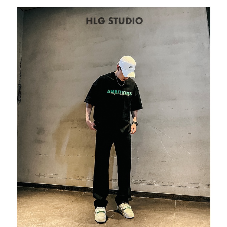 Áo phông nam cổ tròn AMBITON phong cách tay lỡ đơn giản, Cotton cao cấp đường phố 2022