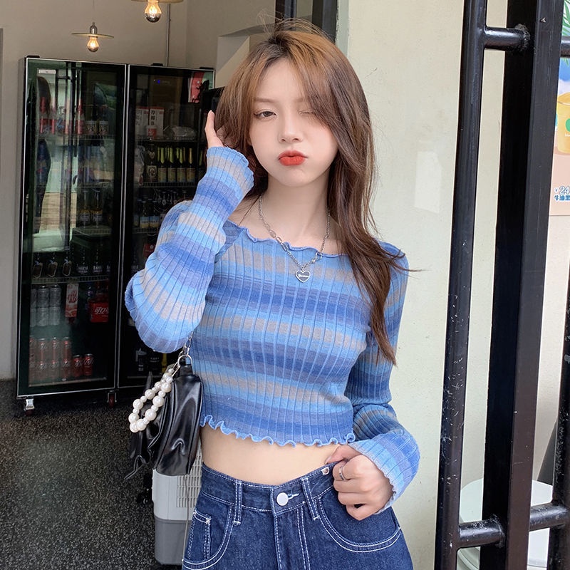 Áo Sweater Tay Dài Dáng Ôm Kẻ Sọc Cầu Vồng Hở Vai Quyến Rũ Cho Nữ