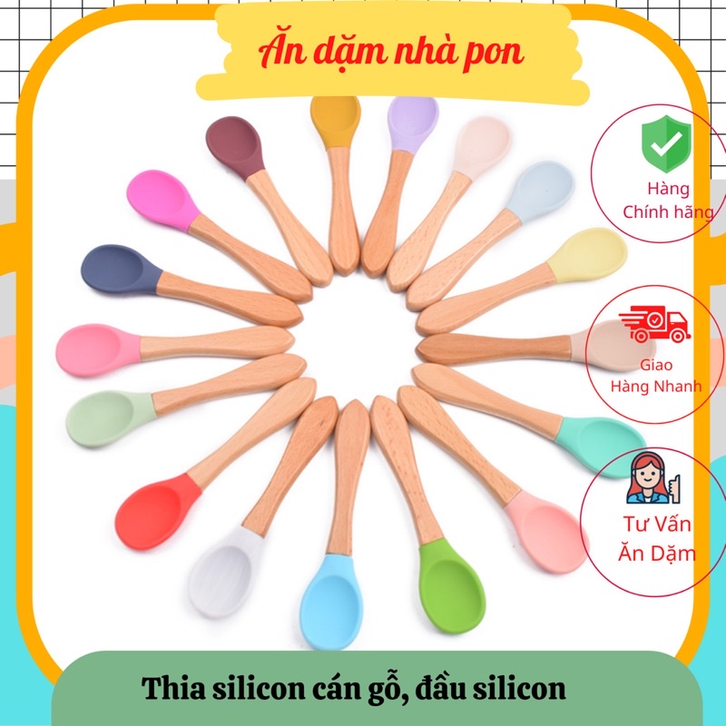 Thìa ăn dặm silicon cán gỗ_ Muỗng ăn dặm silicon cán gỗ cho bé