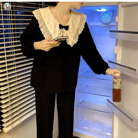 Bộ Đồ Ngủ Tay Dài Màu Trơn Đính Nơ Đen Phong Cách Hàn Quốc Thời Trang Xuân Thu Cho Nữ