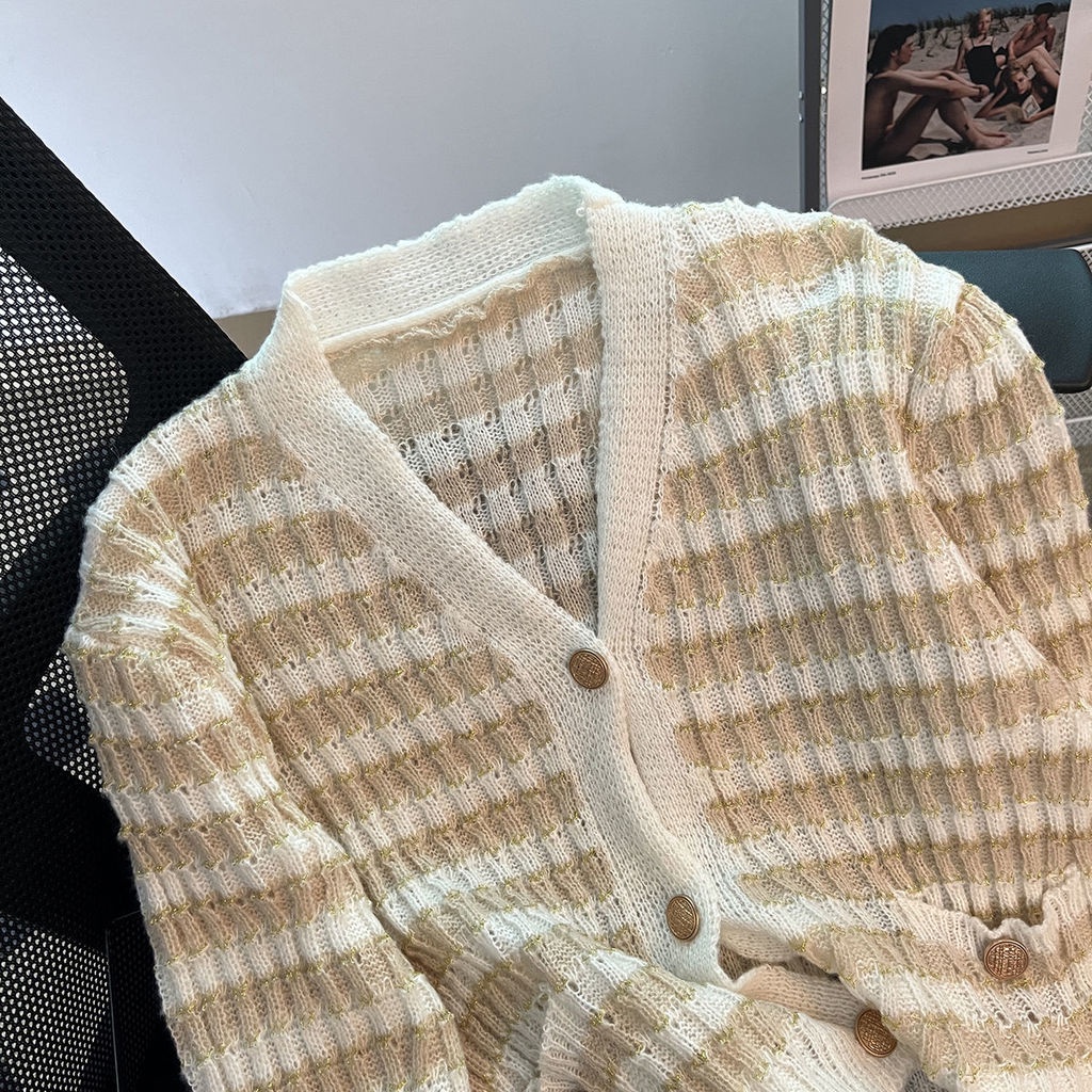 Áo Cardigan Dệt Kim Tay Dài Cổ Chữ V Họa Tiết Kẻ Sọc Màu Sắc Tương Phản Thời Trang Mùa
