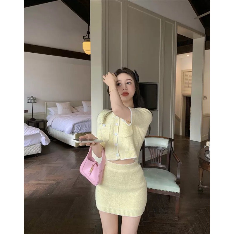 Sẵn set 2 món áo chân váy dệt tay ngắn xinh ( có ảnh thật) | BigBuy360 - bigbuy360.vn