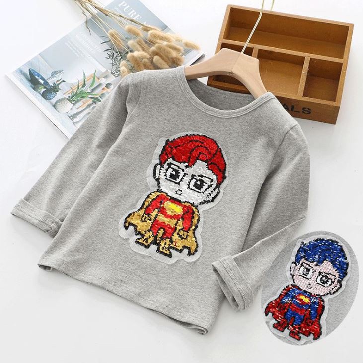 Áo thun cotton tay dài vuốt kim sa đổi màu siêu nhân superman