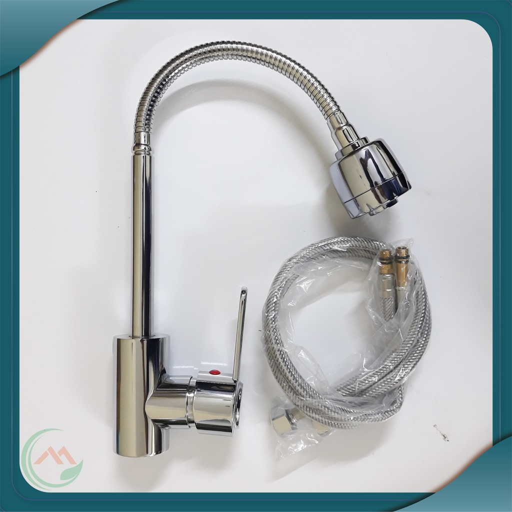 Vòi rửa bát nóng lạnh inox 304 màu bạc bóng cao cấp loại cần mềm xoay 360 độ, 2 chế độ xả nước siêu bền kèm dây cấp NL