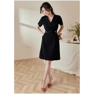  Đầm giả cổ vest đấp chéo dáng a tay dài đai eo trang trọng 