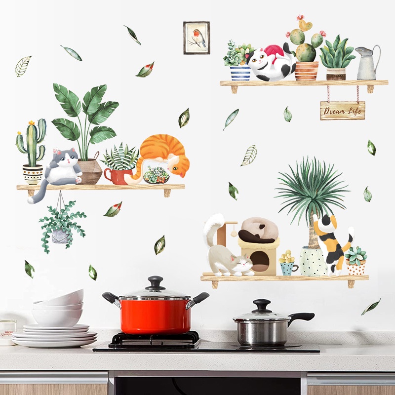 Decal dán tường chậu cây xương rồng và mèo xinh