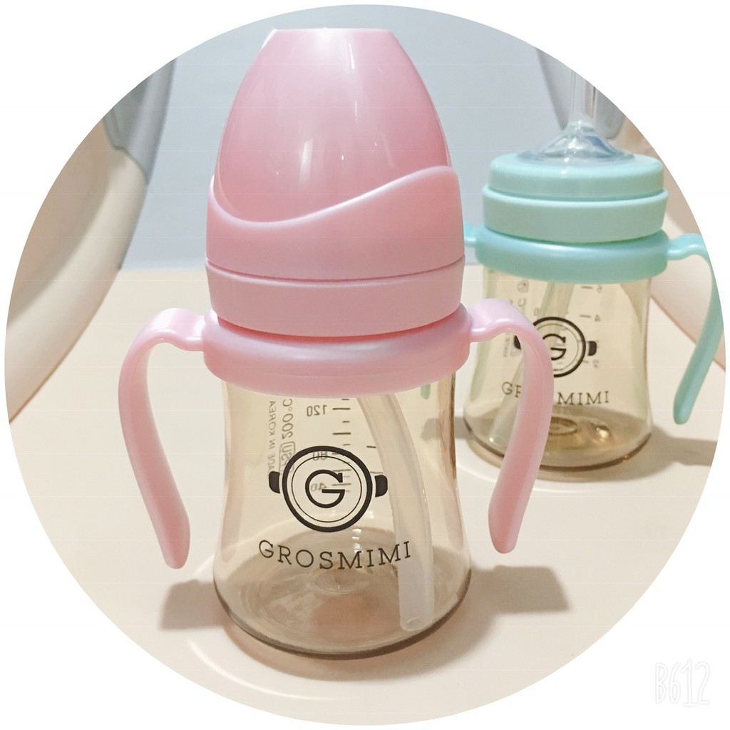 Bình tập hút Grosmimi có tay cầm ống hút màu xanh/ hồng 200ml, bình sữa Grosmimi chính hãng có tem chống hàng giả