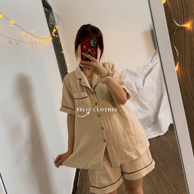 [Feliz.Clothes] Pyjama xô muslin màu kem siêu dễ thương