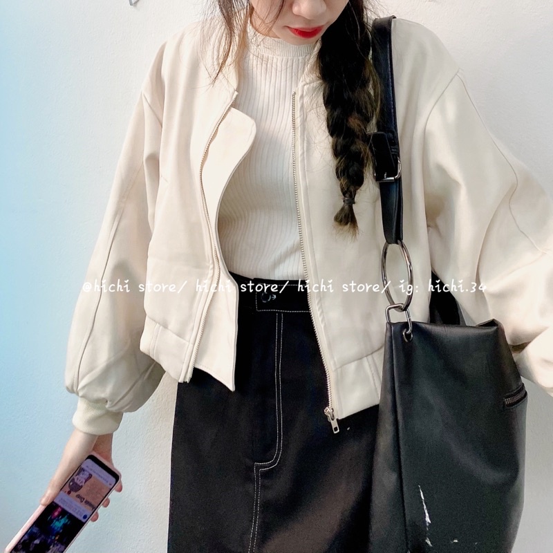 áo khoác croptop khoá kéo tay bồng thời trang hichi | BigBuy360 - bigbuy360.vn