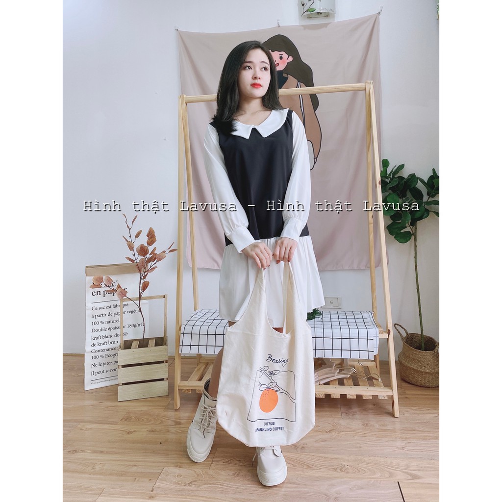 Đầm Babydoll Dài Tay Cổ Sen 🦋FREESHIP🦋 Váy Nữ Tay Bèo Đuôi Cá Phối Màu Đen Trắng LAVUSA