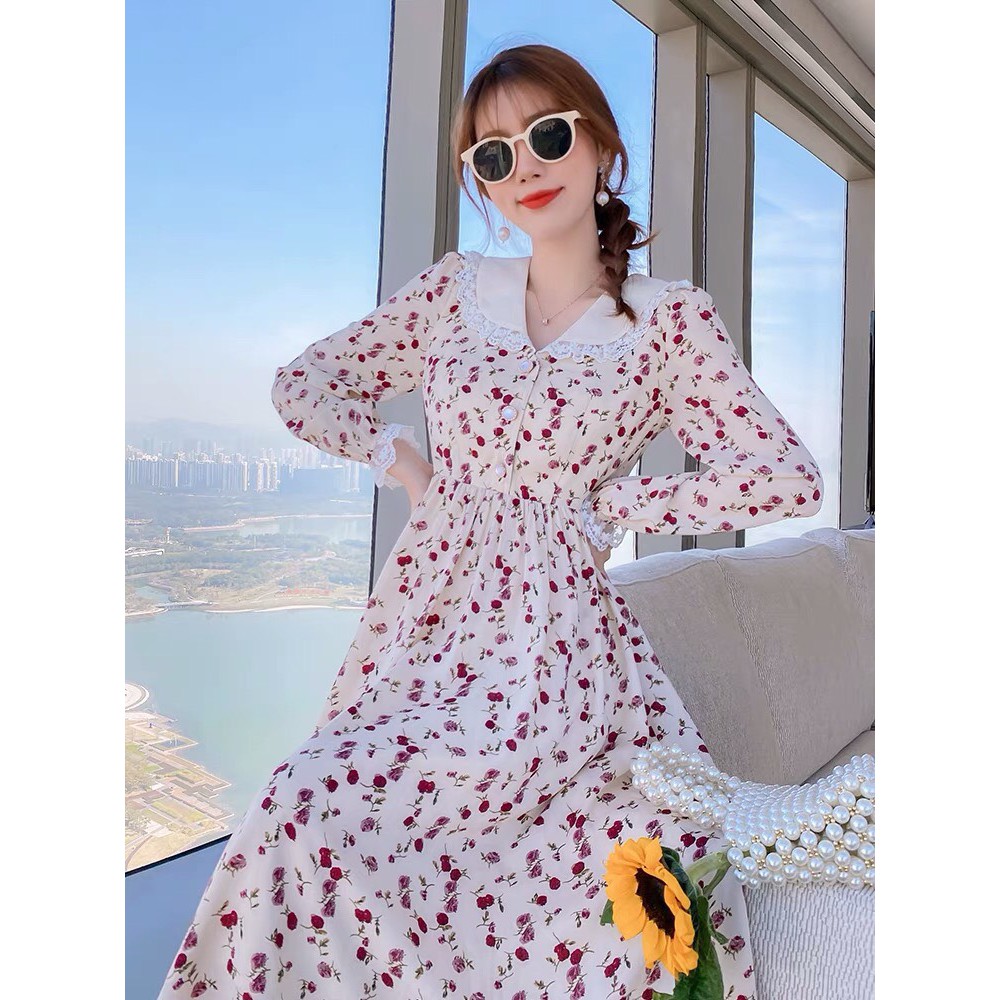 Váy Đầm Xòe Họa Tiết Trái Cherry Cổ Sơ Mi Chạy Ren Đính Nút Ngực Áo Tay Dài Thời Trang Nữ KEMPK Mẫu Free Size Dưới 56kg