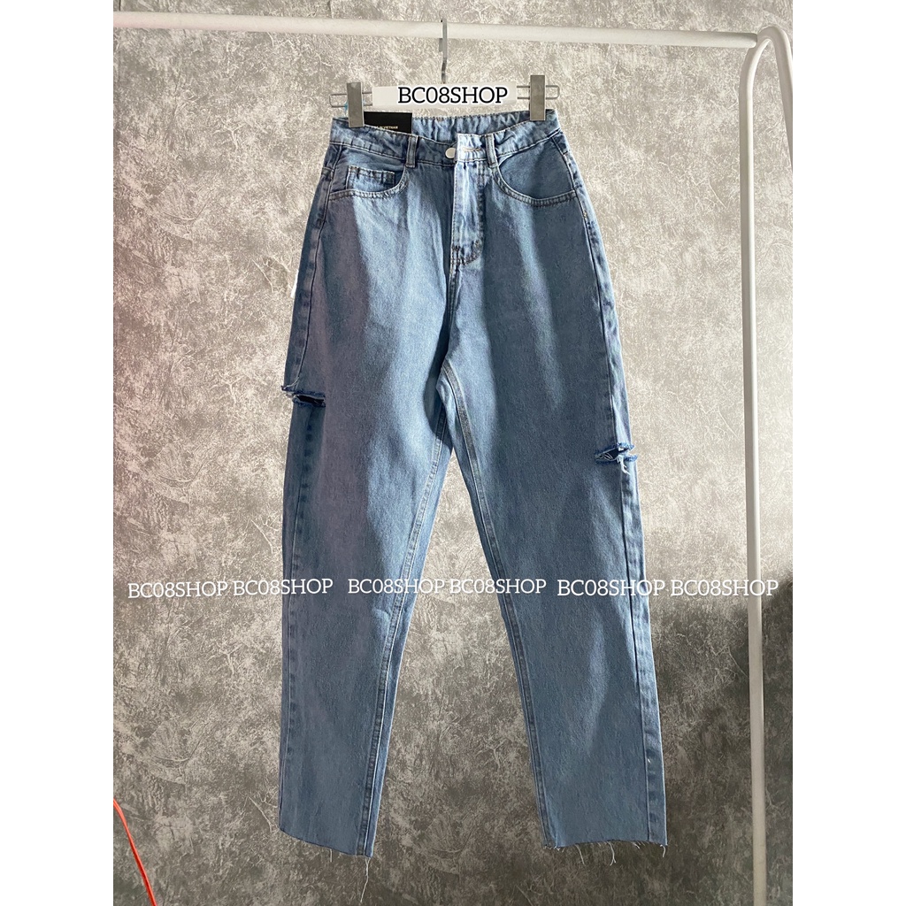 Quần jean Baggy Suông Rách Sườn Màu Xanh Basic BC058