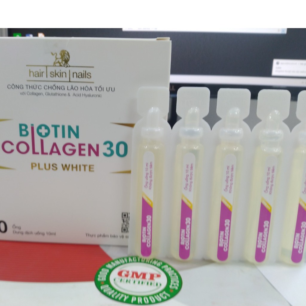 {Mới} Biotin Collagen 30 plus white- Hỗ trợ đẹp da, dày tóc, ngăn ngừa lão hóa, cân bằng nội tiết tố (Hộp 20 ống 10ml)