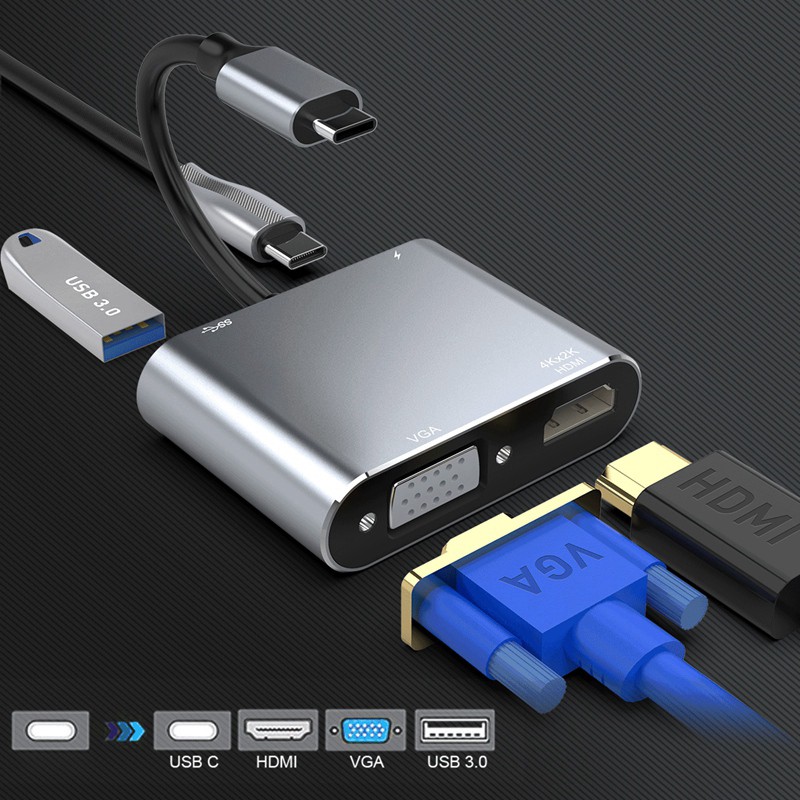 Đế Sạc Đa Năng 4 Trong 1 Usb C Sang Hdmi / Vga / Usb 3.0 / Pd Cho Macbook Hp Lenovo Surface