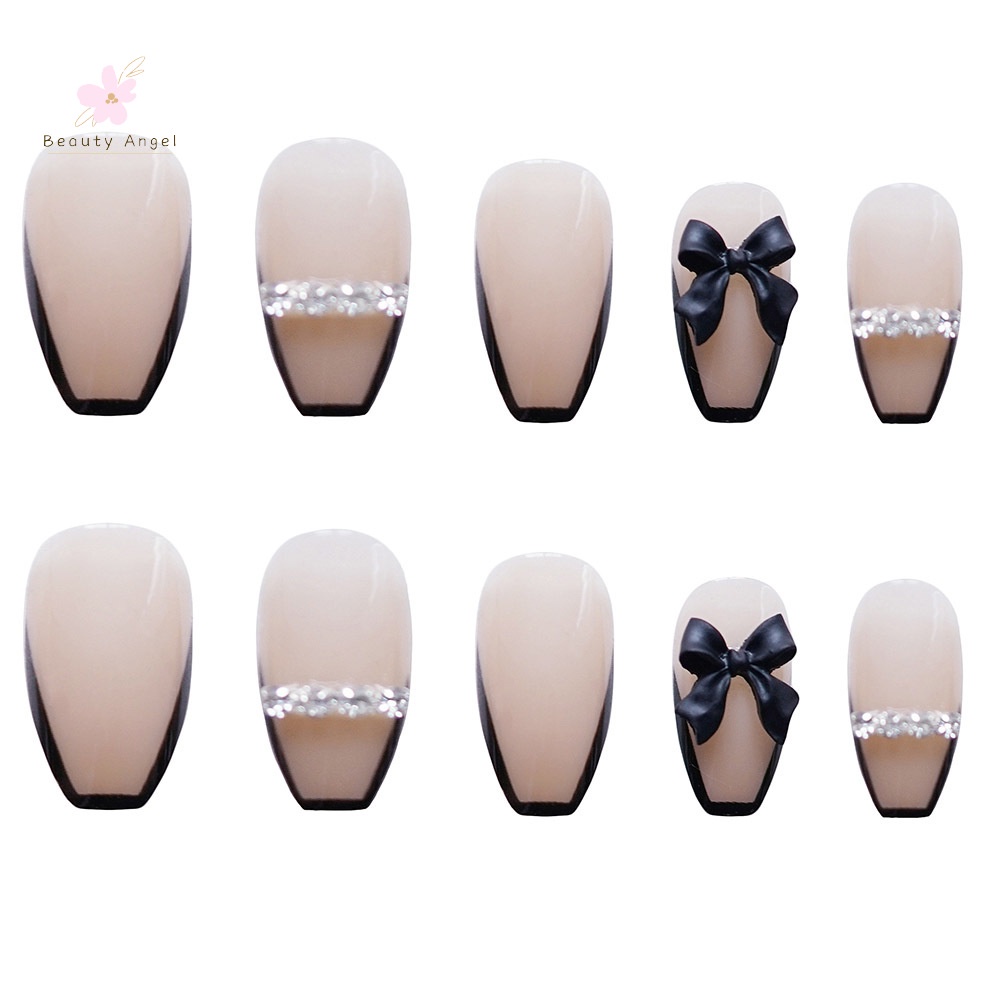 Bộ 24 Móng Tay Giả Dài Màu Đen Đính Nơ Có Thể Tháo Rời Cho Nữ